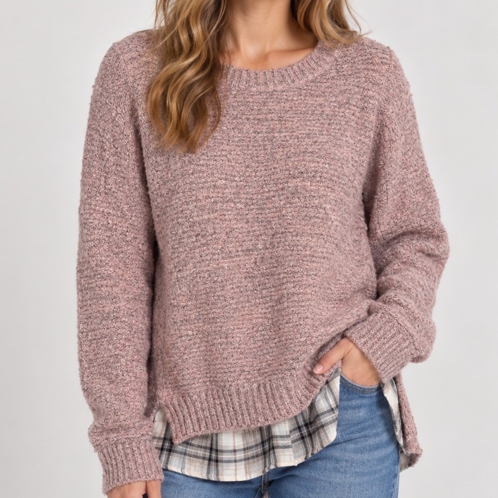 Layered Plaid Hem Sweater Women Medium Dusty Pink Crewneck Preppy Cottagecore